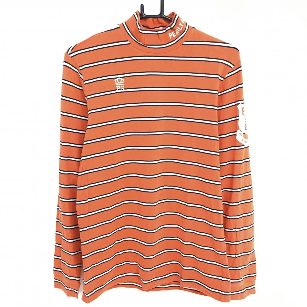 【美品】パーリーゲイツ 長袖ハイネックシャツ オレンジ×白 ボーダー レーヨン混 メンズ 6(XL) ゴルフウェア PEARLY GATES