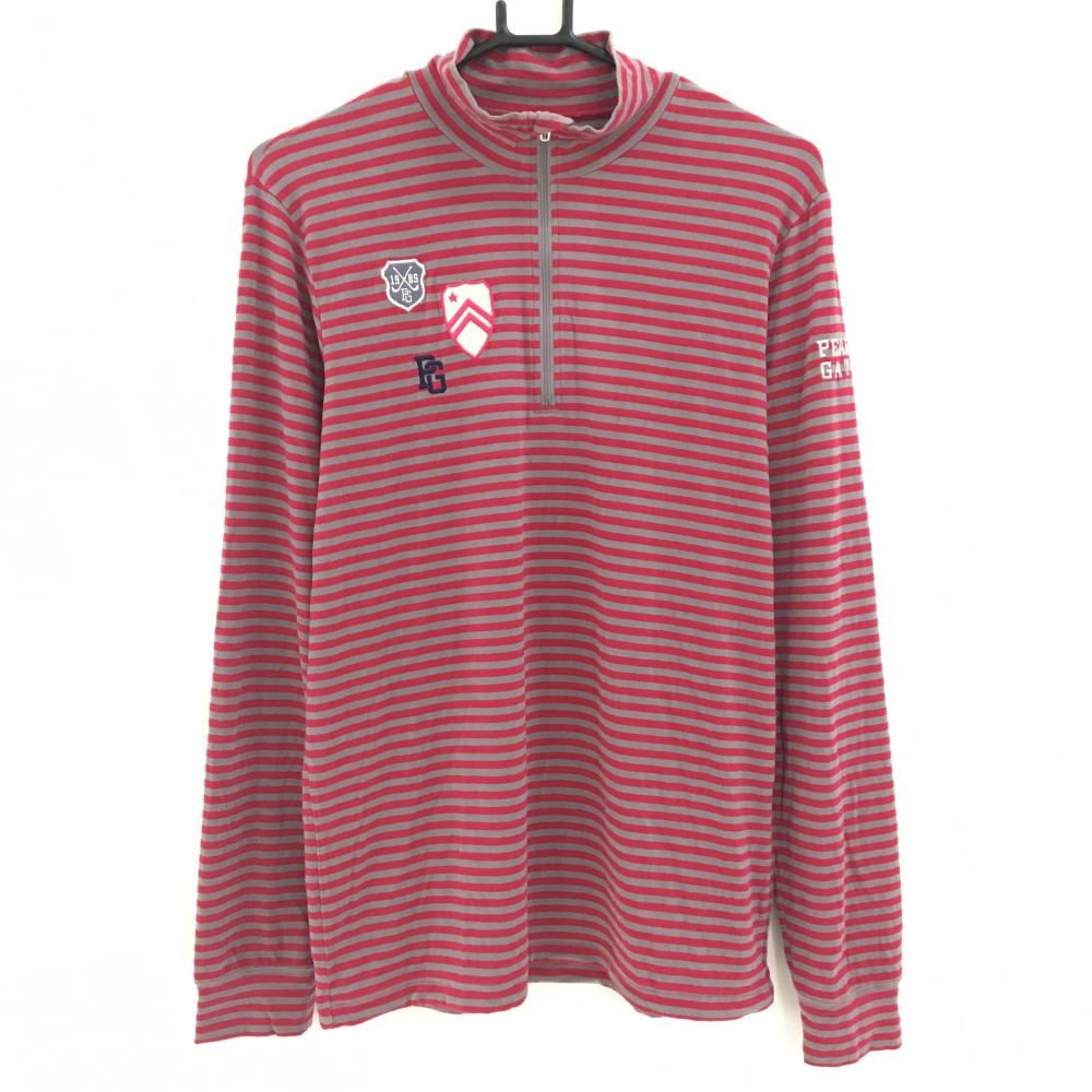 【超美品】パーリーゲイツ 長袖ハイネックシャツ グレー×ピンク ボーダー 微起毛 ハーフジップ メンズ 5(L) ゴルフウェア PEARLY GATES