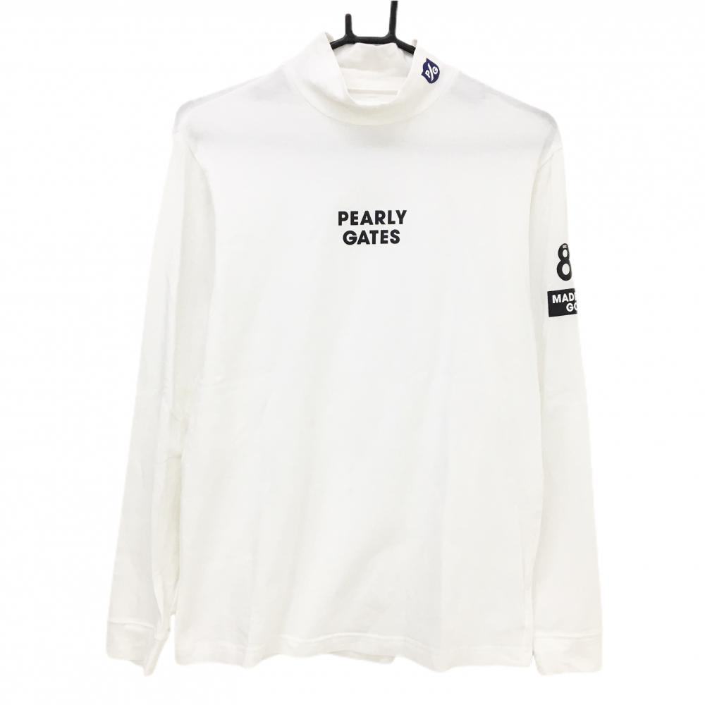 【美品】パーリーゲイツ 長袖ハイネックシャツ 白 ロゴネイビー ストレッチ  メンズ 5(L) ゴルフウェア PEARLY GATES