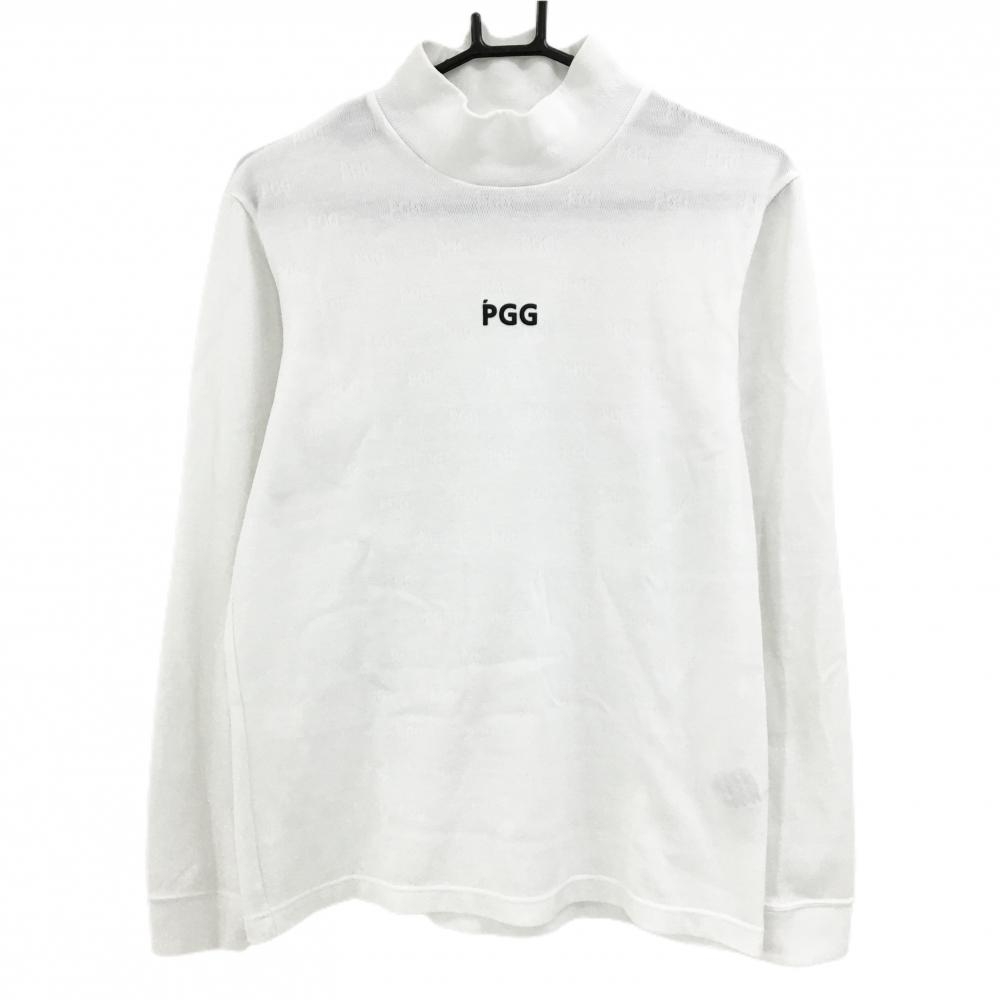【美品】PGGパーリーゲイツ 長袖ハイネックシャツ 白 PGG総柄織生地  メンズ 4(M) ゴルフウェア PEARLY GATES