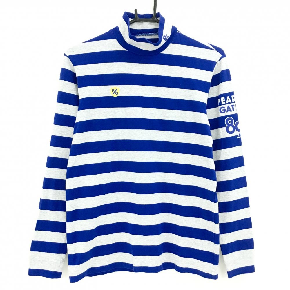 【美品】パーリーゲイツ 長袖ハイネックシャツ ブルー×グレー ボーダー ストレッチ メンズ 4(M) ゴルフウェア PEARLY GATES