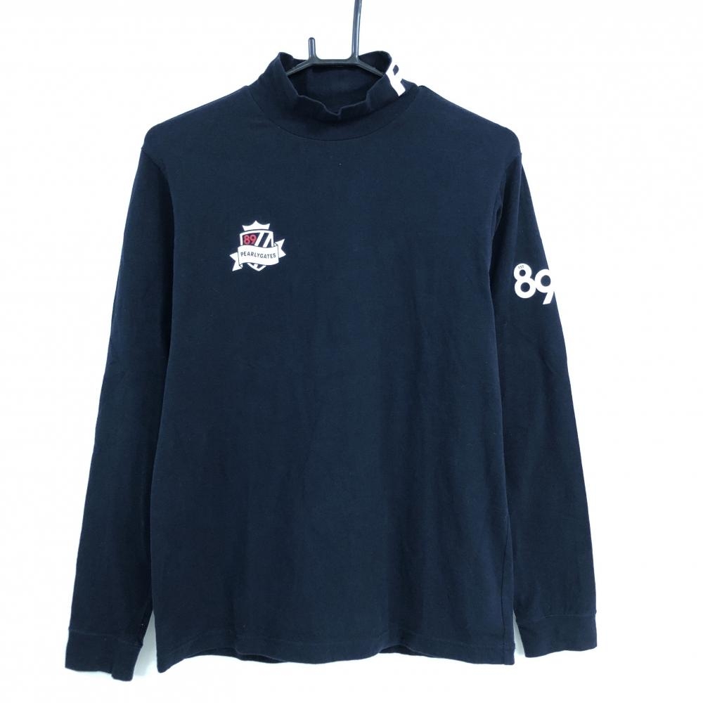 【美品】パーリーゲイツ 長袖ハイネックシャツ ダークネイビー×白 ロゴプリント メンズ 5(L) ゴルフウェア PEARLY GATES