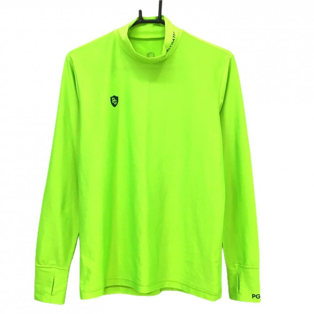【美品】パーリーゲイツ 長袖ハイネックシャツ 蛍光ライトグリーン サムホール ロゴネイビー メンズ 4(M) ゴルフウェア PEARLY GATES