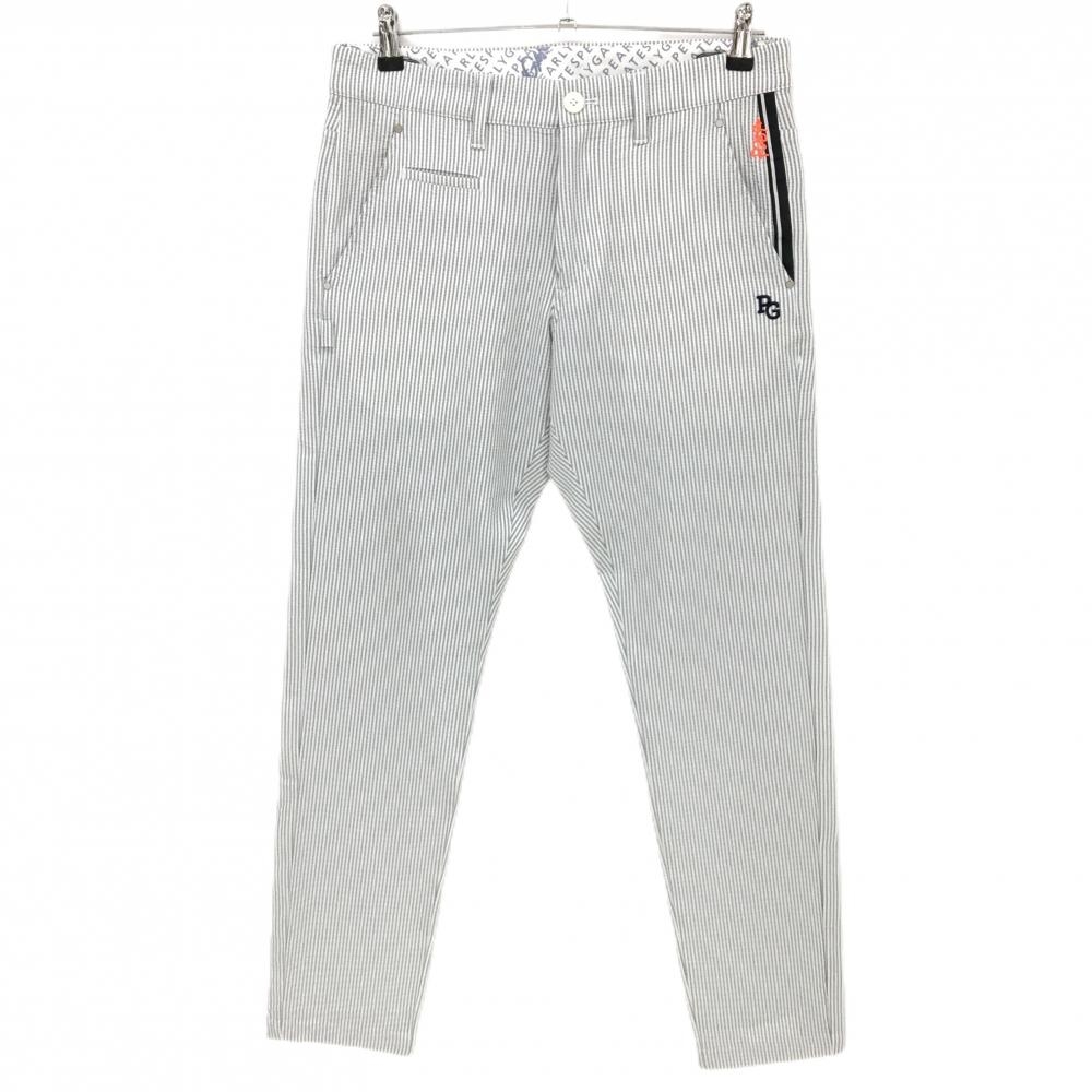 【超美品】パーリーゲイツ パンツ 白×ライトグレー ストライプ サッカー生地  メンズ 4(M) ゴルフウェア 2024年モデル PEARLY GATES