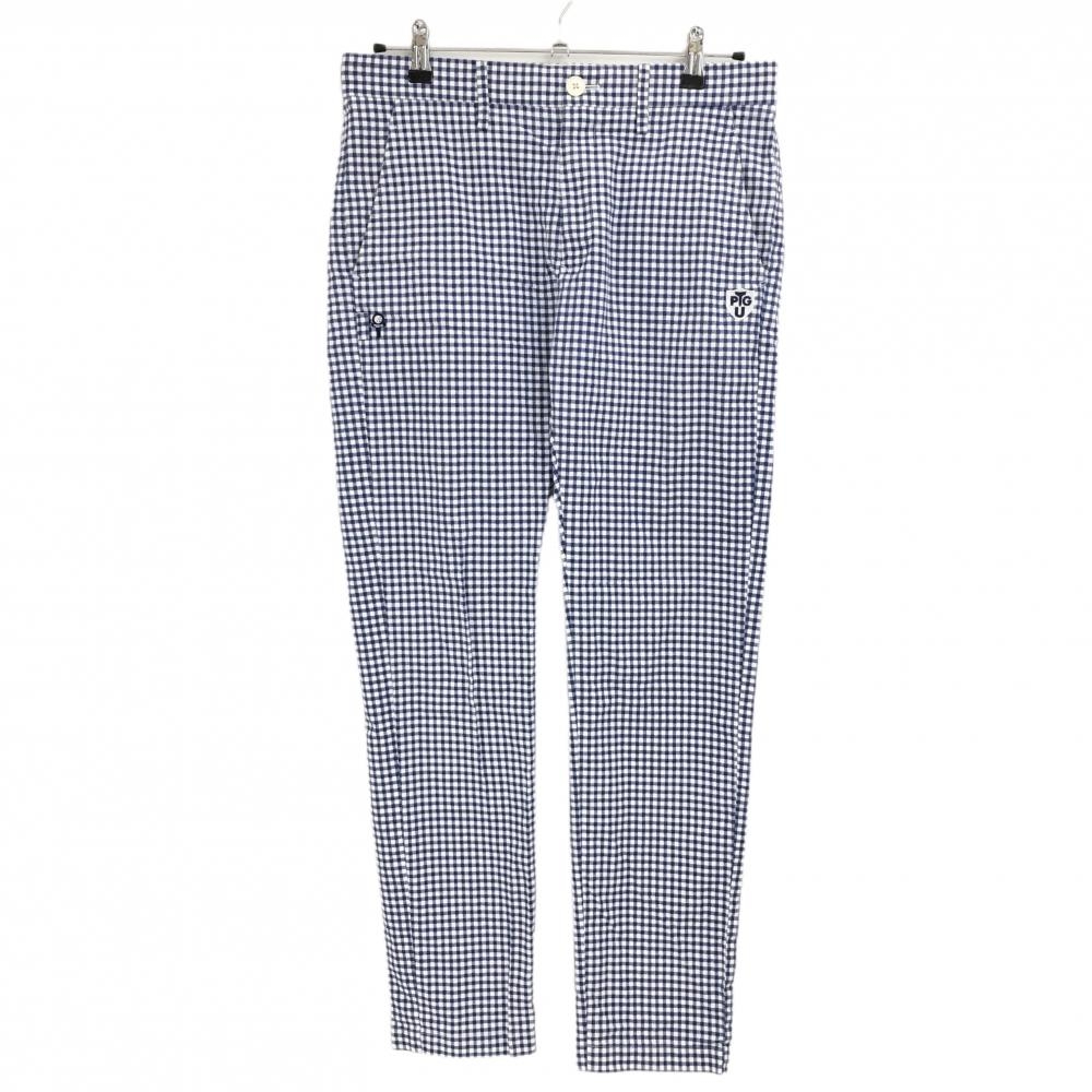 【美品】パーリーゲイツ パンツ 白×ブルー チェック コットン混 ロゴ刺しゅう メンズ 4(M) ゴルフウェア PEARLY GATES