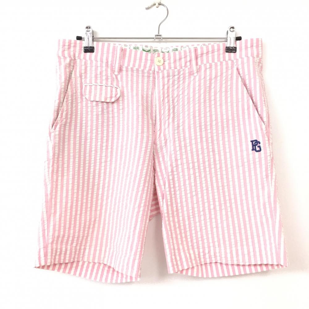 【美品】PEARLY GATES パーリーゲイツ ハーフパンツ 白×ピンク ストライプ柄 ハンバーガー刺しゅう メンズ 5(L) ゴルフウェア