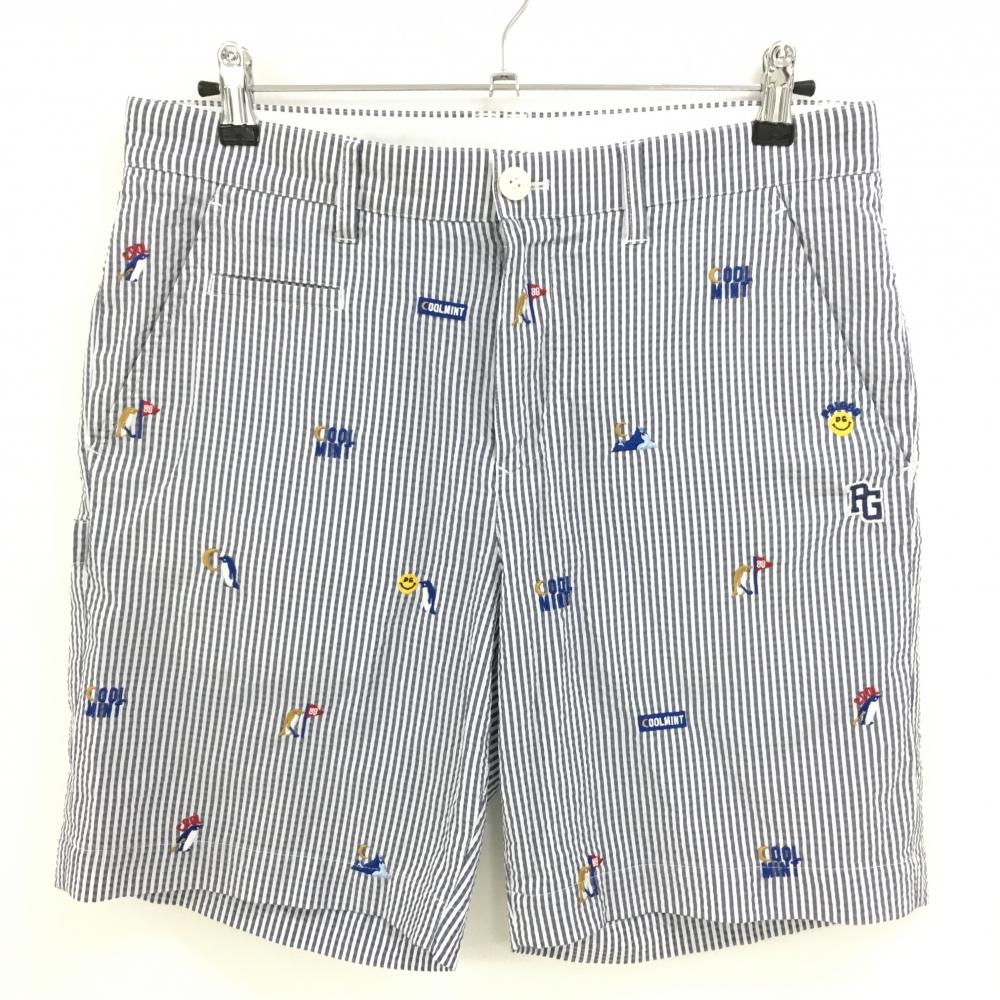 【美品】パーリーゲイツ ハーフパンツ ネイビー×白 ストライプ 刺しゅう総柄 サッカー生地 メンズ 5(L) ゴルフウェア PEARLY GATES