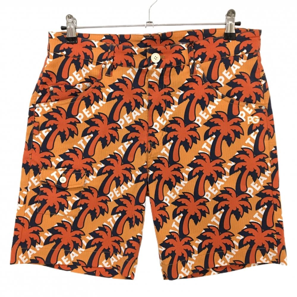 【新品】パーリーゲイツ ハーフパンツ オレンジ×ネイビー ヤシの木柄 サッカー生地 プラスクール メンズ 5(L) ゴルフウェア PEARLY GATES