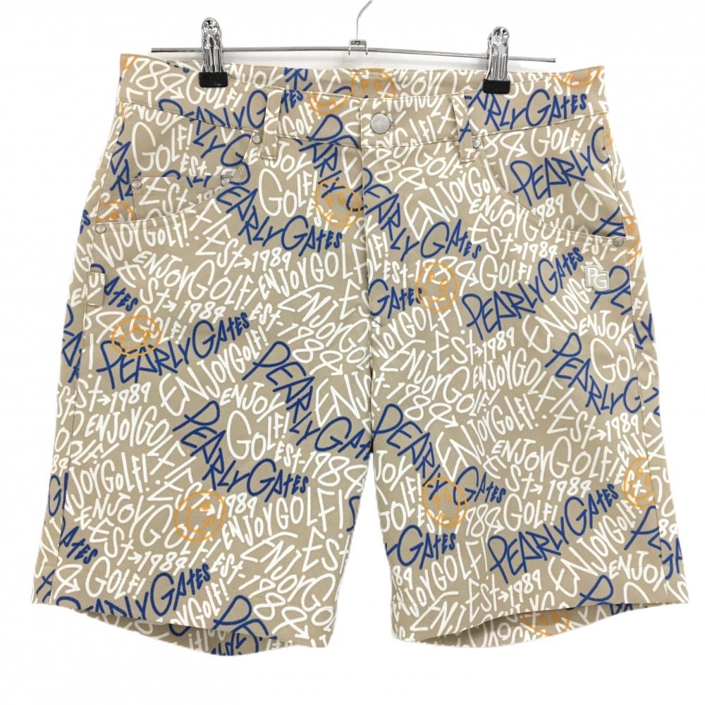 【超美品】パーリーゲイツ ハーフパンツ ベージュ×白×ブルー 英字総柄  メンズ 4(M) ゴルフウェア 2024年モデル PEARLY GATES
