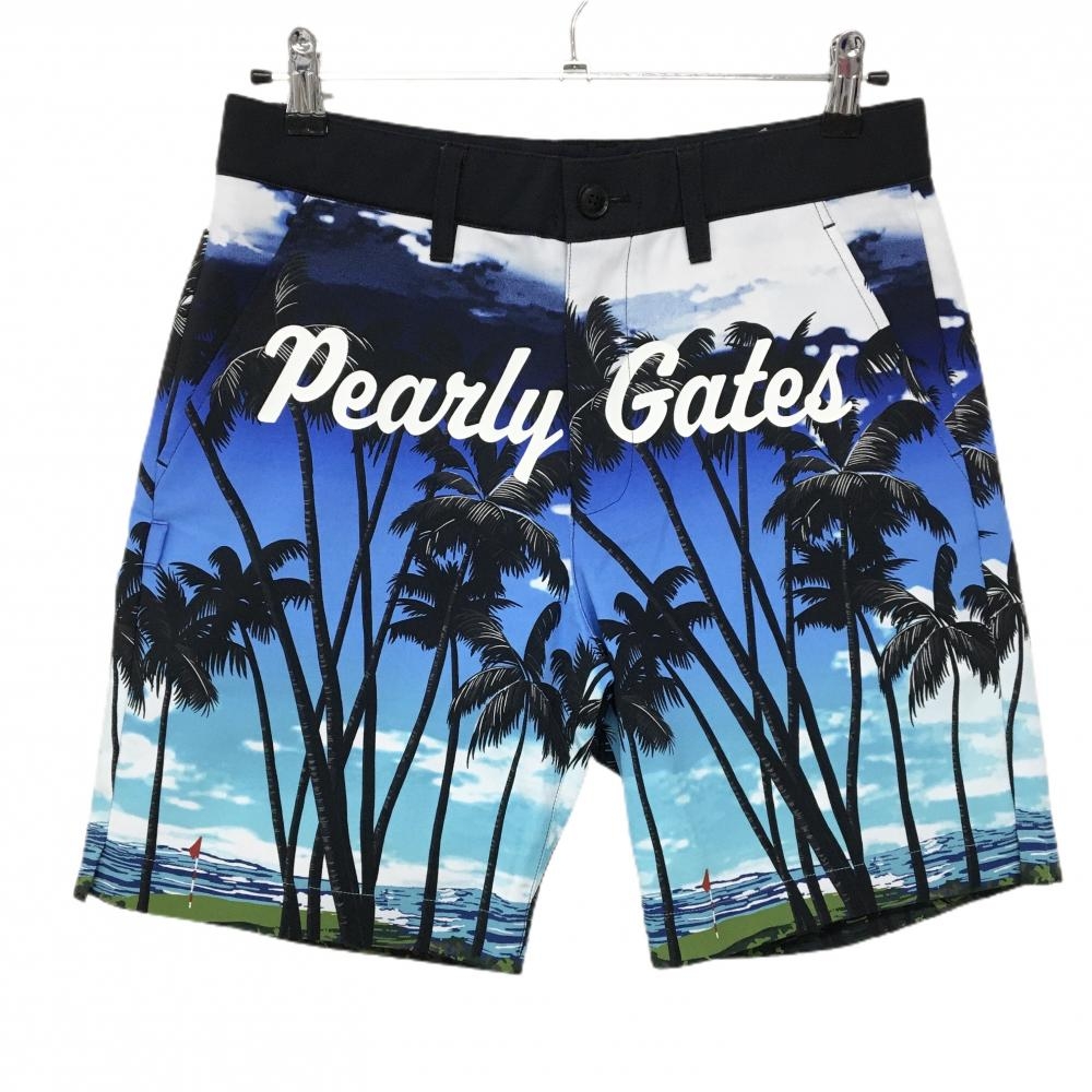 【新品】パーリーゲイツ ハーフパンツ ブルー系×白 ヤシの木柄 メンズ 4(M) ゴルフウェア PEARLY GATES