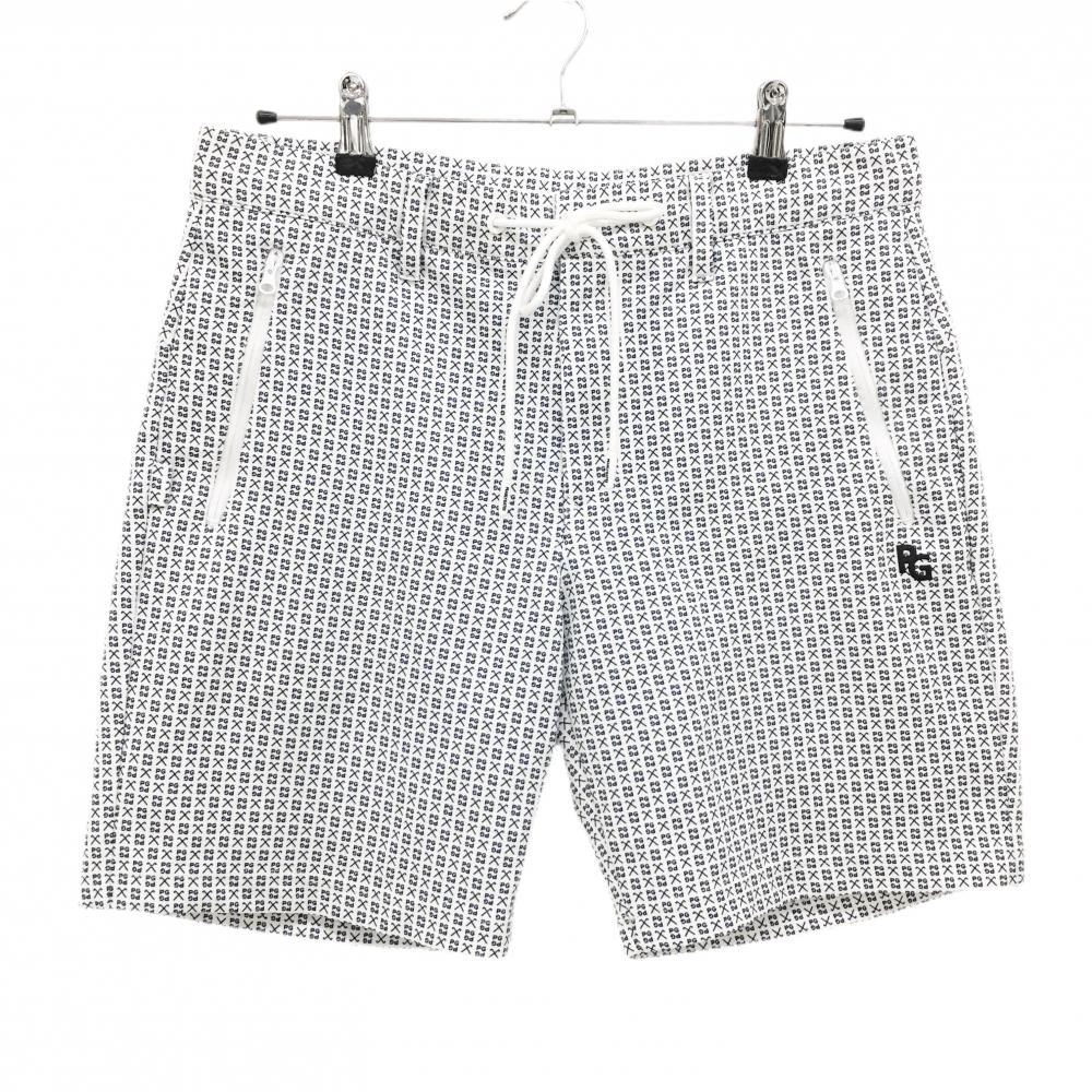 【美品】パーリーゲイツ ハーフパンツ 白×ネイビー ロゴ総柄 ウエスト調節紐付 メンズ 5(L) ゴルフウェア PEARLY GATES