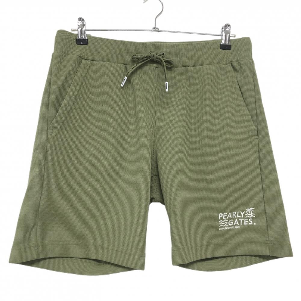 【新品】パーリーゲイツ ハーフパンツ グリーン×白 ウエストゴム ヤシの木 日本製 メンズ 5(L) ゴルフウェア PEARLY GATES