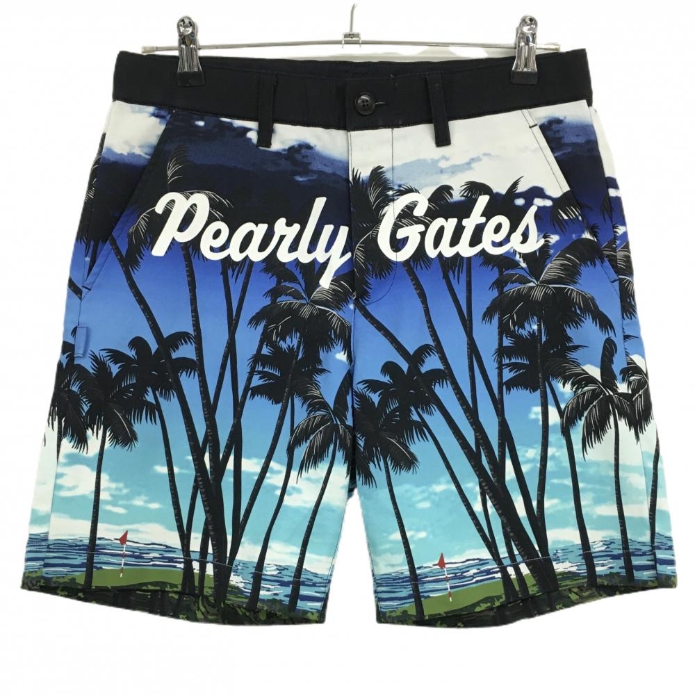 【美品】パーリーゲイツ ハーフパンツ ネイビー×ブルー ヤシの木・ビーチ風景柄 ストレッチ  メンズ 4(M) ゴルフウェア PEARLY GATES