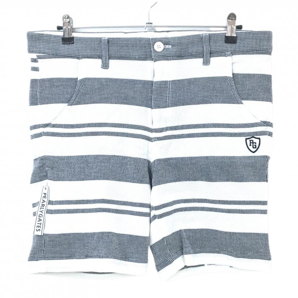 【美品】パーリーゲイツ ハーフパンツ 白×ネイビー系 ボーダー 織生地 ポケット裏ニコちゃん  メンズ 6(XL) ゴルフウェア PEARLY GATES