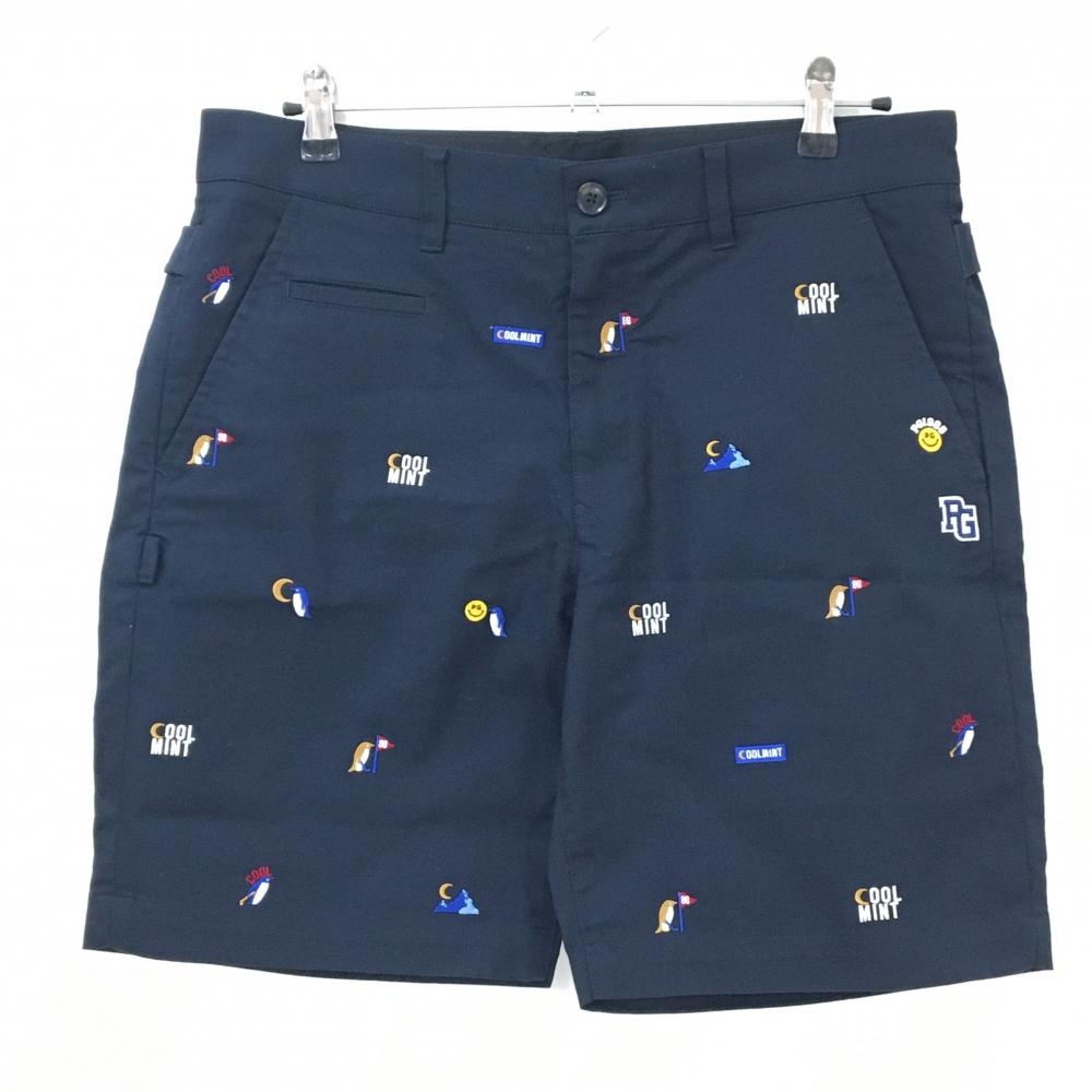 【超美品】パーリーゲイツ ハーフパンツ ネイビー×白×ブラウン系 総柄 ペンギン ニコちゃん  メンズ 6(XL) ゴルフウェア PEARLY GATES