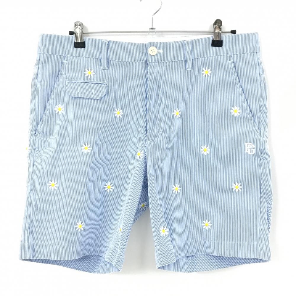 パーリーゲイツ ハーフパンツ 白×ブルー ストライプ 花総柄 ストレッチ メンズ 6(XL) ゴルフウェア PEARLY GATES