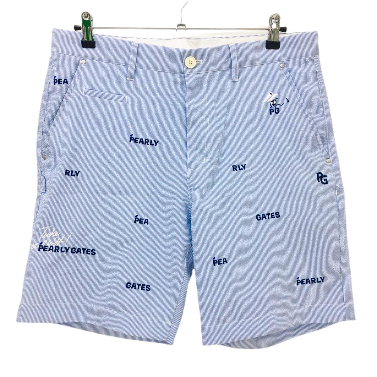 【美品】パーリーゲイツ ハーフパンツ ライトブルー×白×ネイビー 細ストライプ メンズ 6(XL) ゴルフウェア 2025年モデ PEARLY GATES
