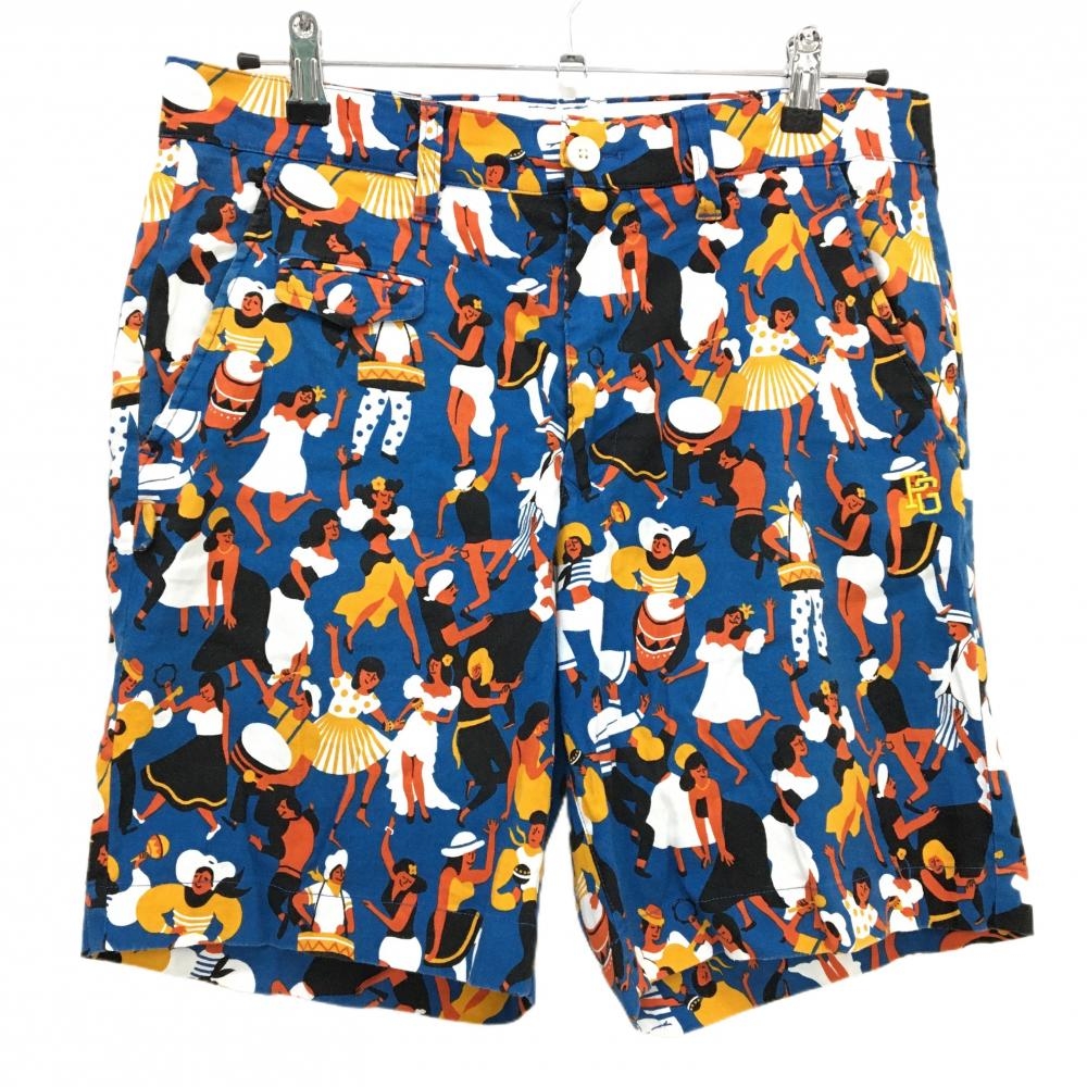 【美品】パーリーゲイツ ハーフパンツ ブルーネイビー系×イエロー×オレンジ系 ヒューマン総柄  メンズ 4(M) ゴルフウェア PEARLY GATES