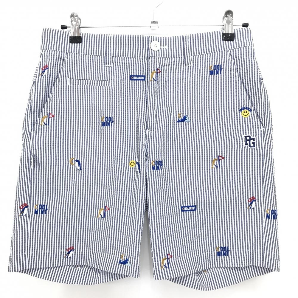 【超美品】パーリーゲイツ ハーフパンツ 白×ネイビー ストライプ 総柄刺しゅう 30周年  メンズ 3(S) ゴルフウェア PEARLY GATES