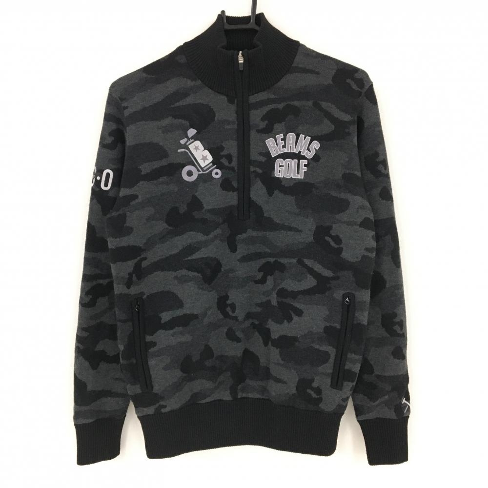 【美品】ビームスゴルフ ハイネックセーター グレー×黒 迷彩 カモフラ ハーフジップ ウール混 裏地付  メンズ S ゴルフウェア BEAMS GOLF