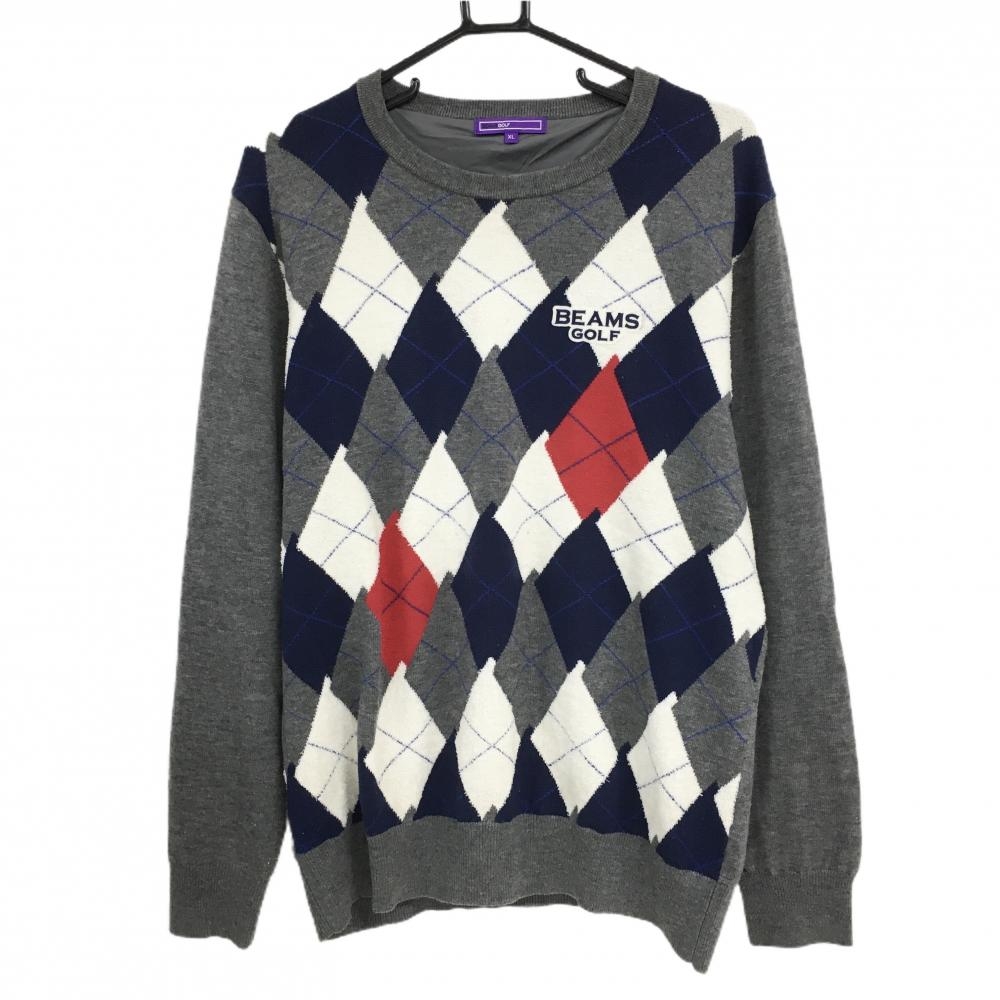ビームスゴルフ 裏地付セーター グレー×ネイビー 前身頃アーガイル柄 ウール混 ニット メンズ XL ゴルフウェア BEAMS GOLF
