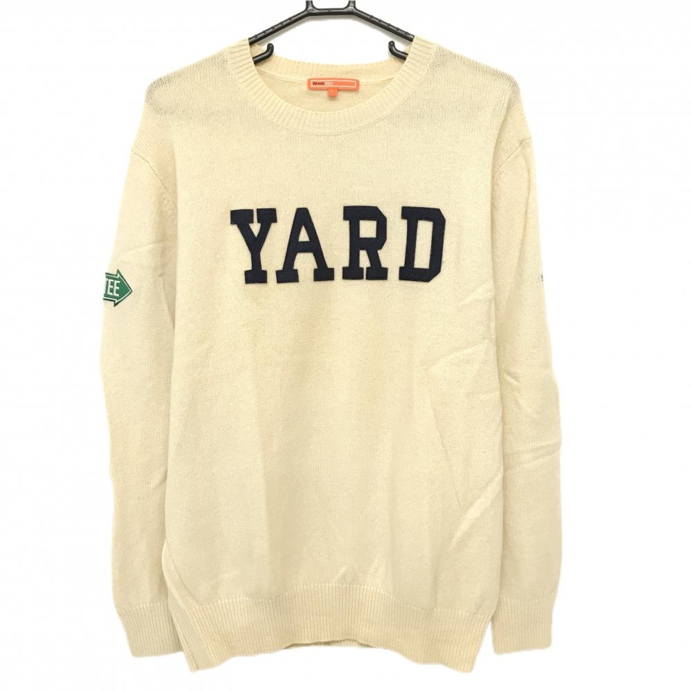 【美品】ビームスゴルフ セーター アイボリー×ネイビー フロント英字ワッペン ウール100％ ニット  メンズ L ゴルフウェア BEAMS GOLF