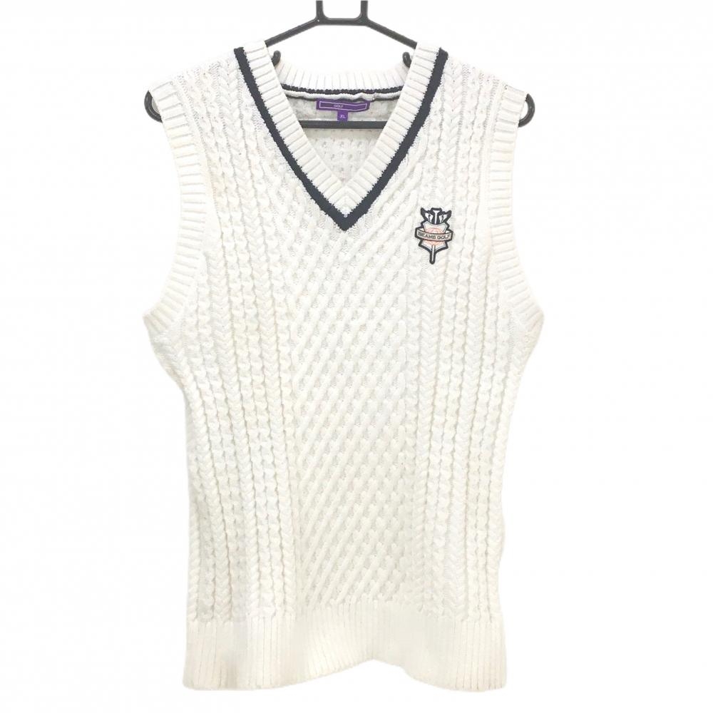 ビームスゴルフ ニットベスト 白×ネイビー ケーブル編み Vネック メンズ XL ゴルフウェア BEAMS GOLF