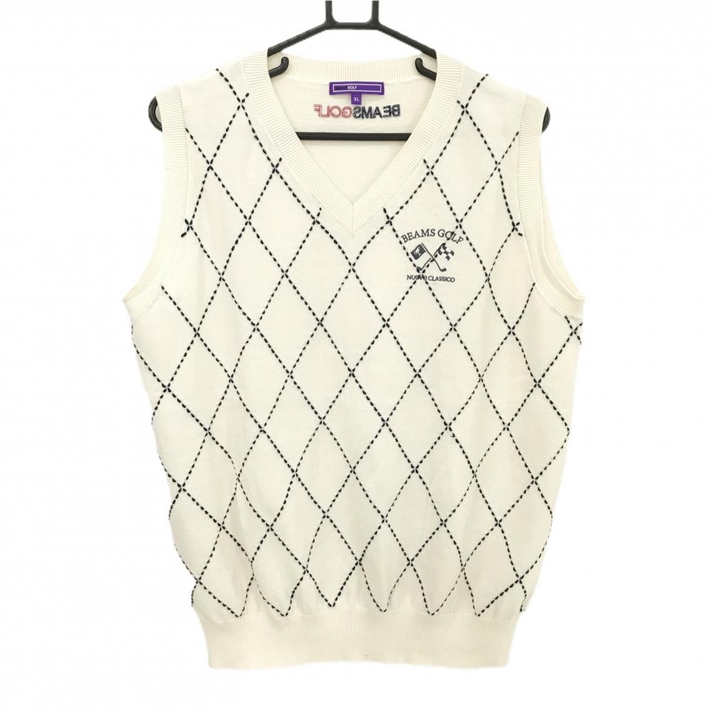 【超美品】ビームスゴルフ ニットベスト アイボリー×ダークネイビー 前面ダイヤ柄編み カシミヤ混 メンズ XL ゴルフウェア BEAMS GOLF