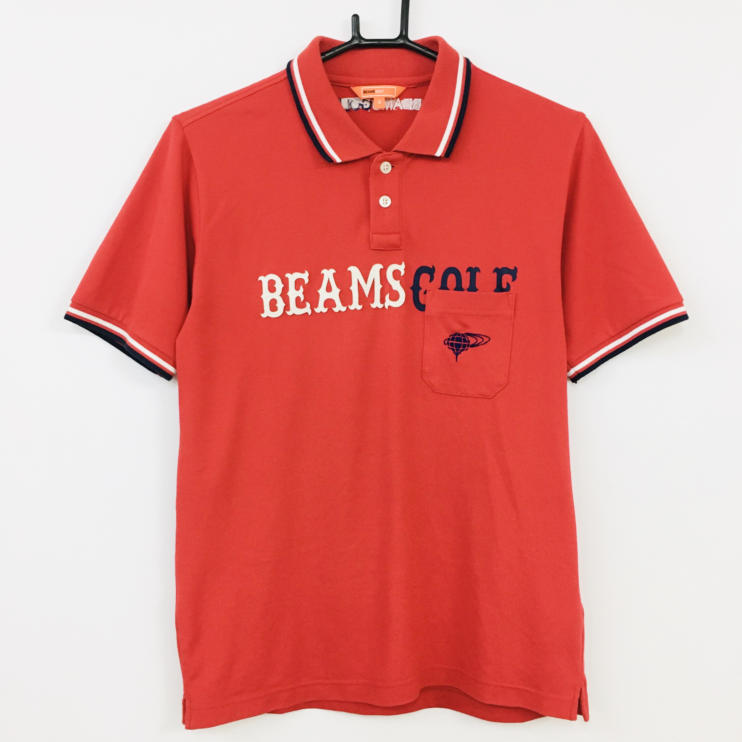 BEAMS GOLF ビームスゴルフ 半袖ポロシャツ レッド×白 ロゴワッペン トリコロール  メンズ Ｓ ゴルフウェア