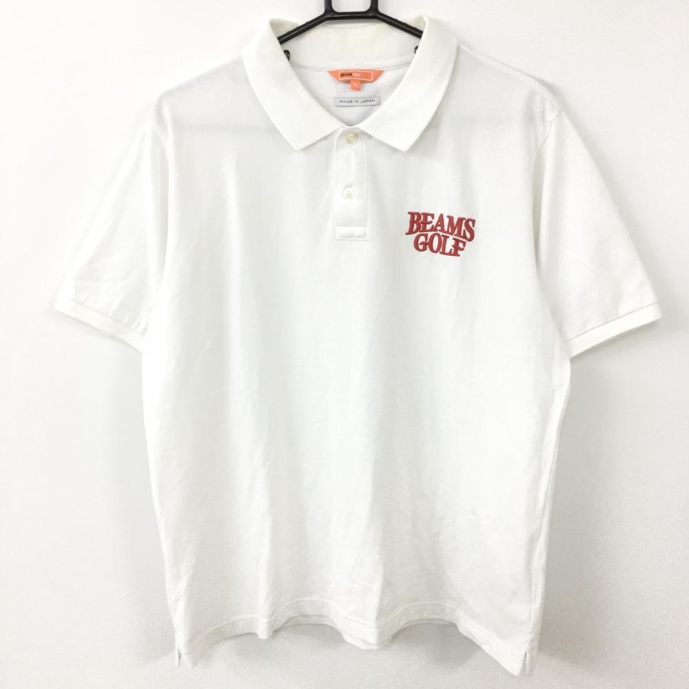 BEAMS GOLF ビームスゴルフ 半袖ポロシャツ 白×レッド ロゴ刺しゅう 襟汚れ  メンズ  ゴルフウェア