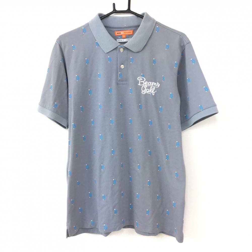 BEAMS GOLF ビームスゴルフ 半袖ポロシャツ グレー×ライトブルー ロゴ総柄 ロゴ刺しゅう メンズ L ゴルフウェア