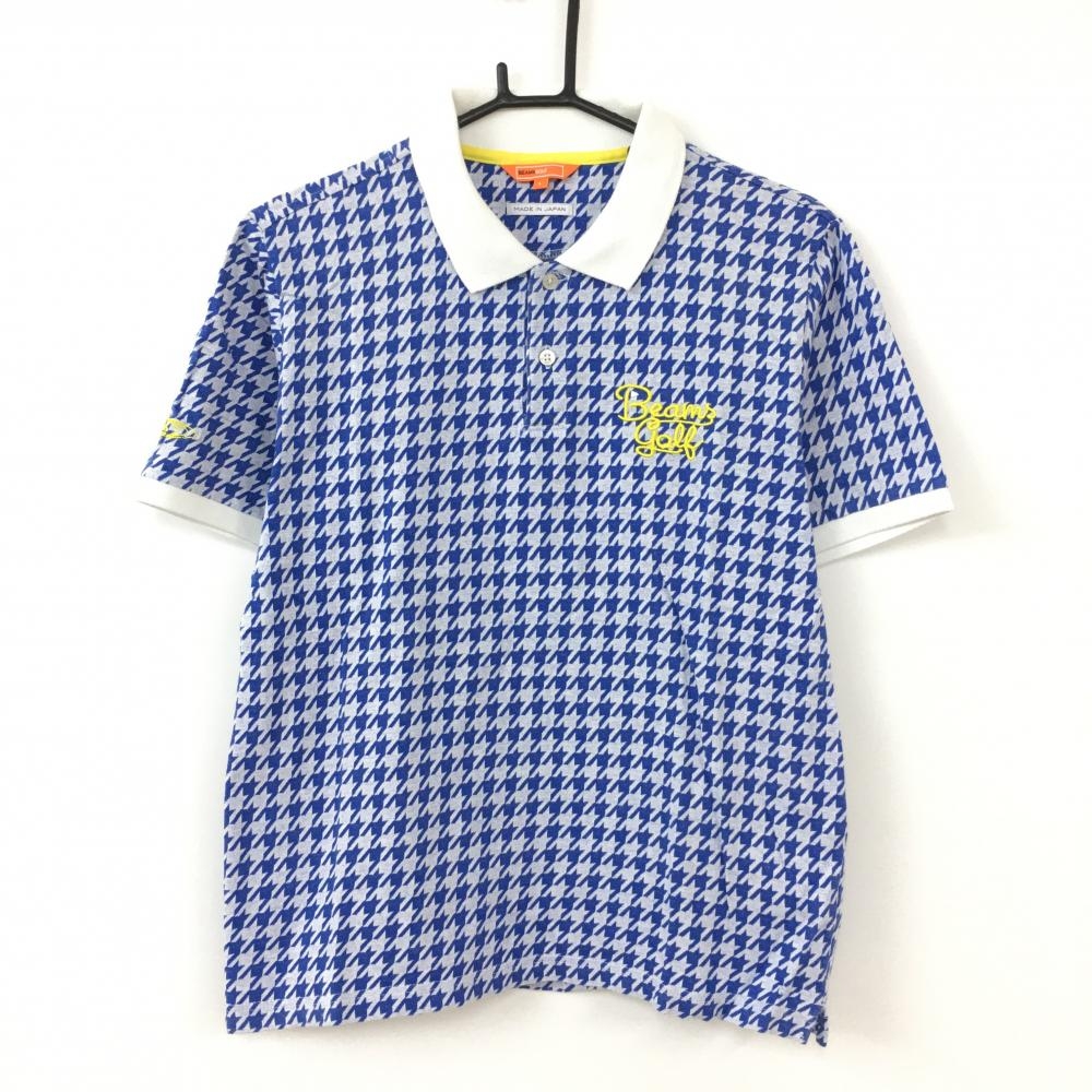 BEAMS GOLF ビームスゴルフ 半袖ポロシャツ ブルー×白 千鳥格子 ロゴ刺しゅう  メンズ L ゴルフウェア