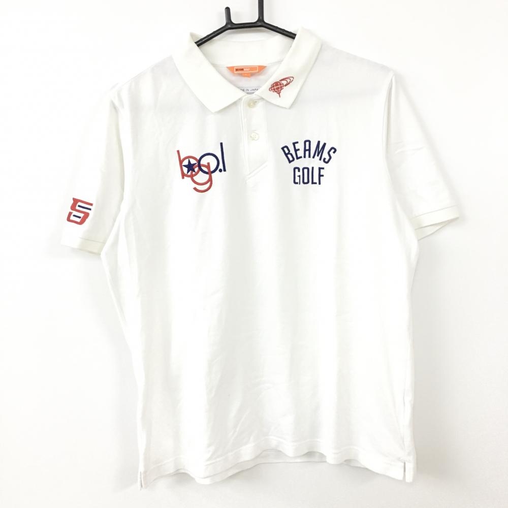 ビームスゴルフ 半袖ポロシャツ 白×ネイビー ロゴ刺しゅう 日本製 メンズ Ｌ ゴルフウェア BEAMS GOLF