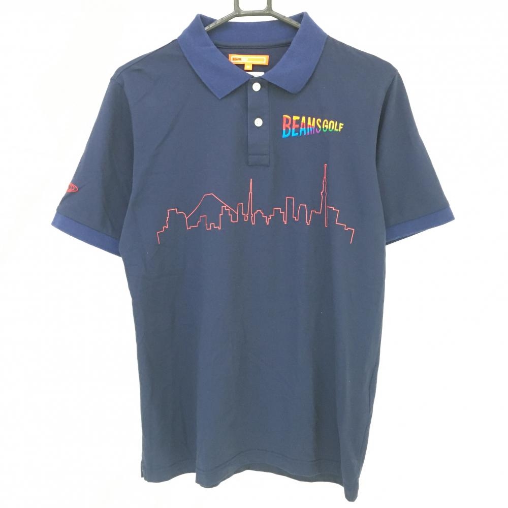 ビームスゴルフ 半袖ポロシャツ ネイビー×レッド タウンプリント 日本製  メンズ M ゴルフウェア BEAMS GOLF