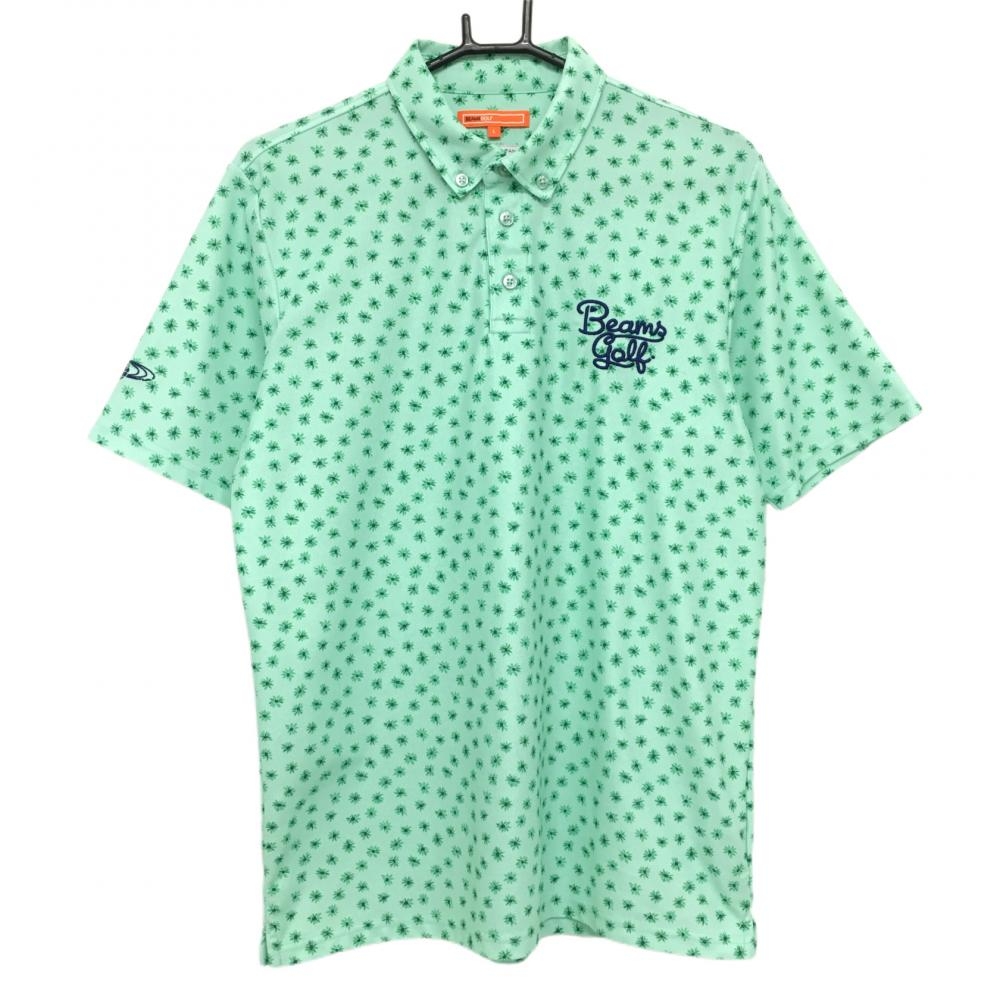 【超美品】ビームスゴルフ 半袖ポロシャツ ライトグリーン×ネイビー 花柄 ボタンダウン メンズ L ゴルフウェア BEAMS GOLF