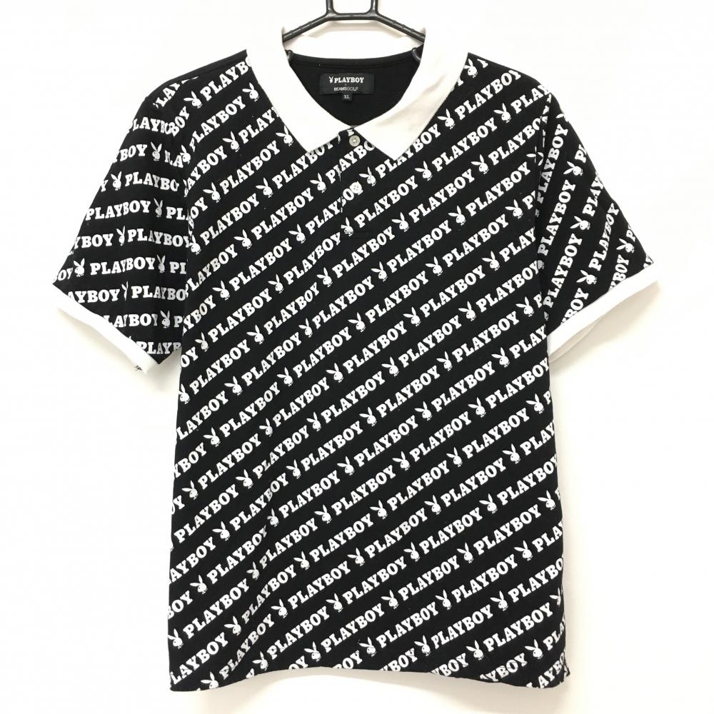 ビームスゴルフ×PLAY BOY 半袖ポロシャツ 黒×白 前ロゴ総柄  メンズ XL ゴルフウェア BEAMS GOLF