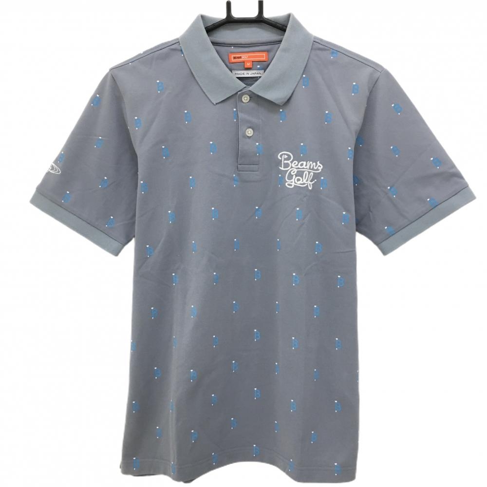ビームスゴルフ 半袖ポロシャツ グレー×ライトブルー 総柄 メンズ M ゴルフウェア BEAMS GOLF