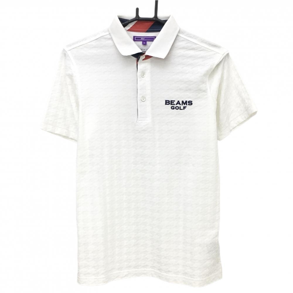 【超美品】ビームスゴルフ 半袖ポロシャツ 白 千鳥格子織生地 襟裏斜めボーダー  メンズ M ゴルフウェア BEAMS GOLF