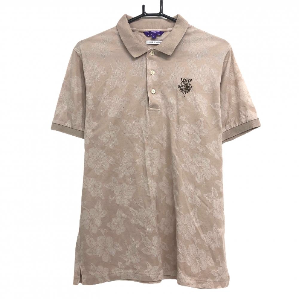 ビームスゴルフ 半袖ポロシャツ ベージュ×白 ハイビスカス柄 ロゴブラウン  メンズ L ゴルフウェア BEAMS GOLF