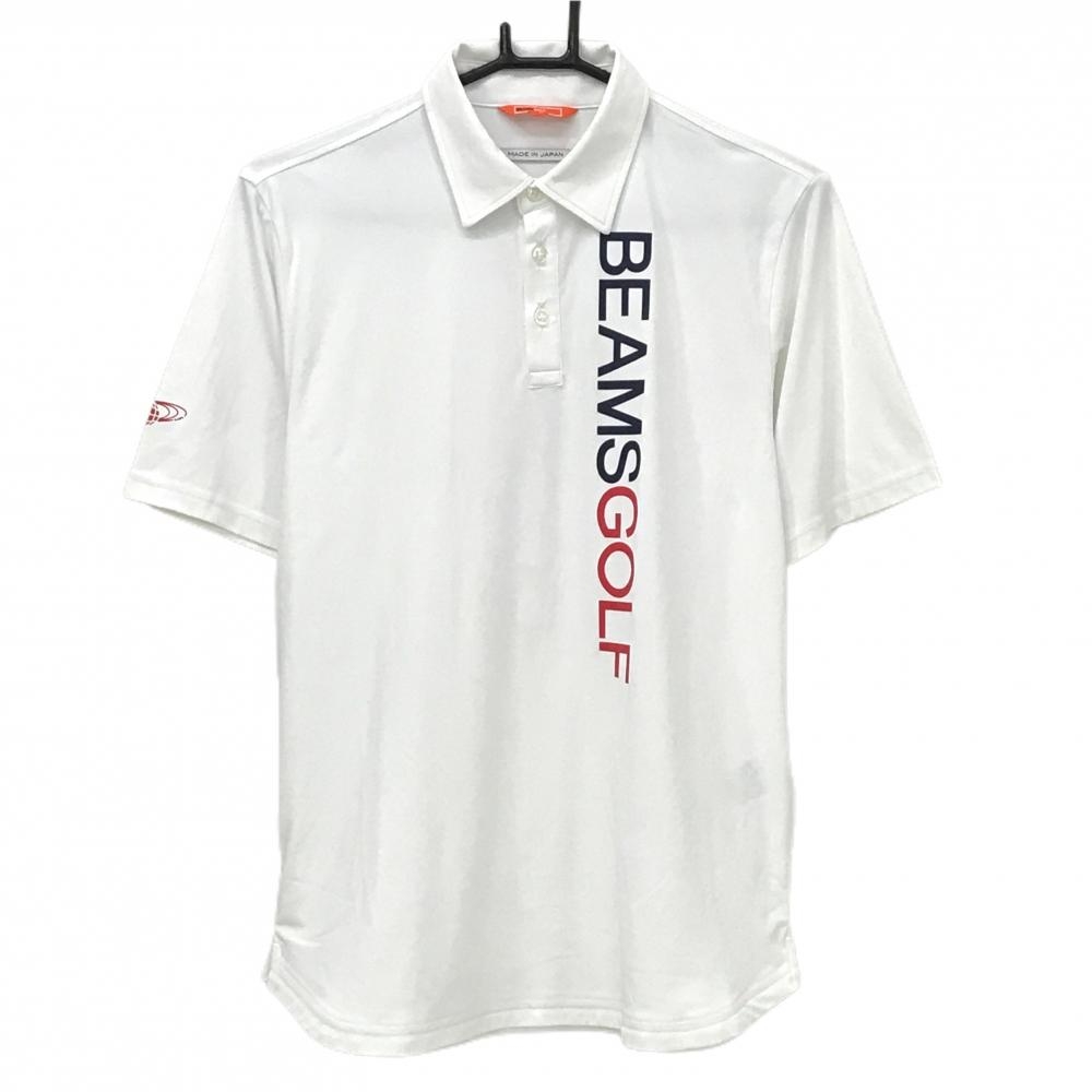 【超美品】ビームスゴルフ 半袖ポロシャツ 白×ネイビー ロゴプリント ストレッチ メンズ S ゴルフウェア BEAMS GOLF