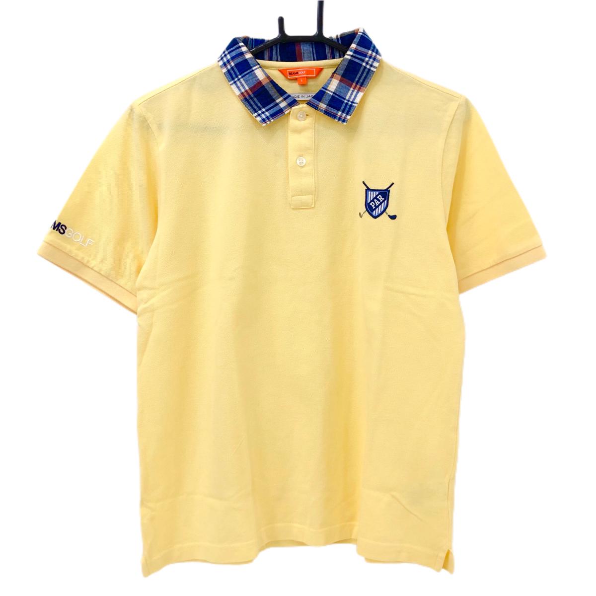 【美品】ビームスゴルフ 半袖ポロシャツ ライトイエロー×ネイビー 襟チェック ロゴ メンズ L ゴルフウェア BEAMS GOLF