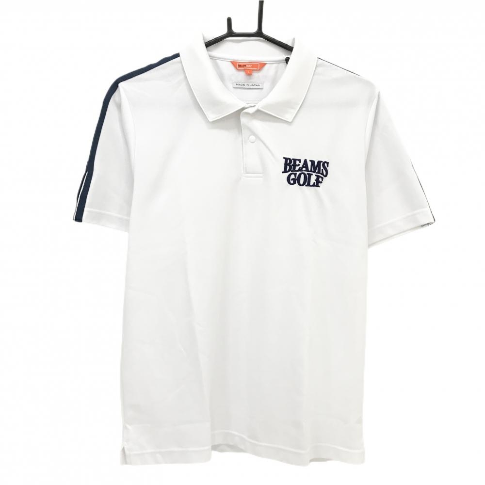 【美品】ビームスゴルフ 半袖ポロシャツ 白×ネイビー 肩ライン ロゴ スナップボタン メンズ L ゴルフウェア BEAMS GOLF