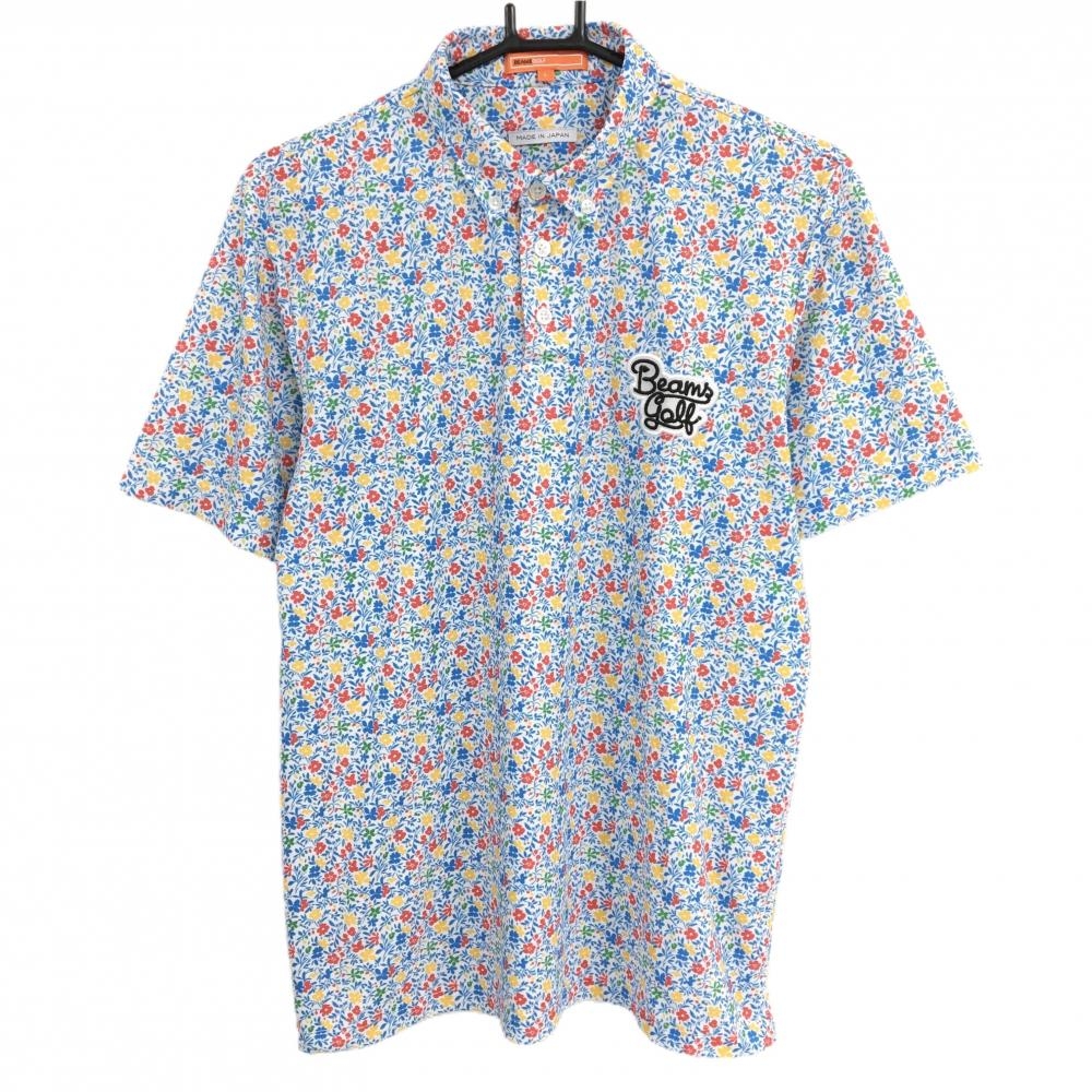 【超美品】ビームスゴルフ 半袖ポロシャツ 白×ブルー×オレンジ 小花柄 ボタンダウン メンズ L ゴルフウェア BEAMS GOLF