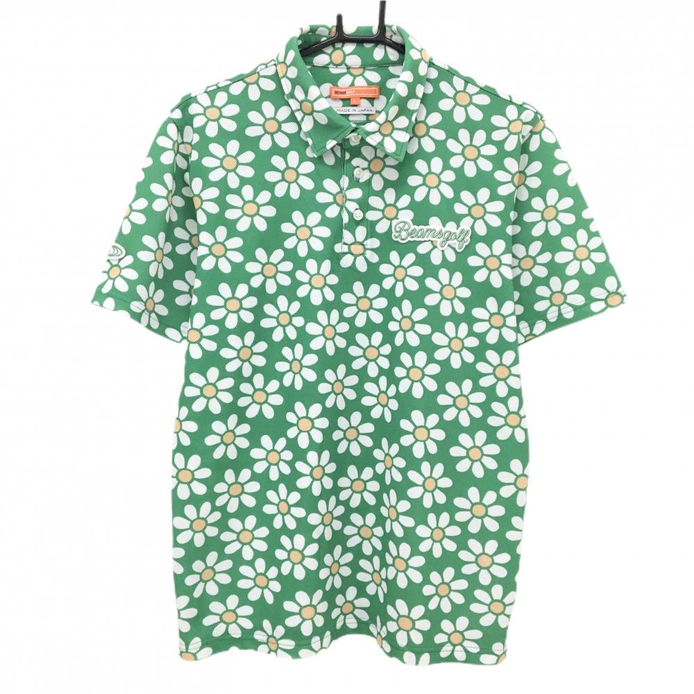 【超美品】ビームスゴルフ 半袖ポロシャツ グリーン×白 花柄 ロゴワッペン メンズ L ゴルフウェア BEAMS GOLF
