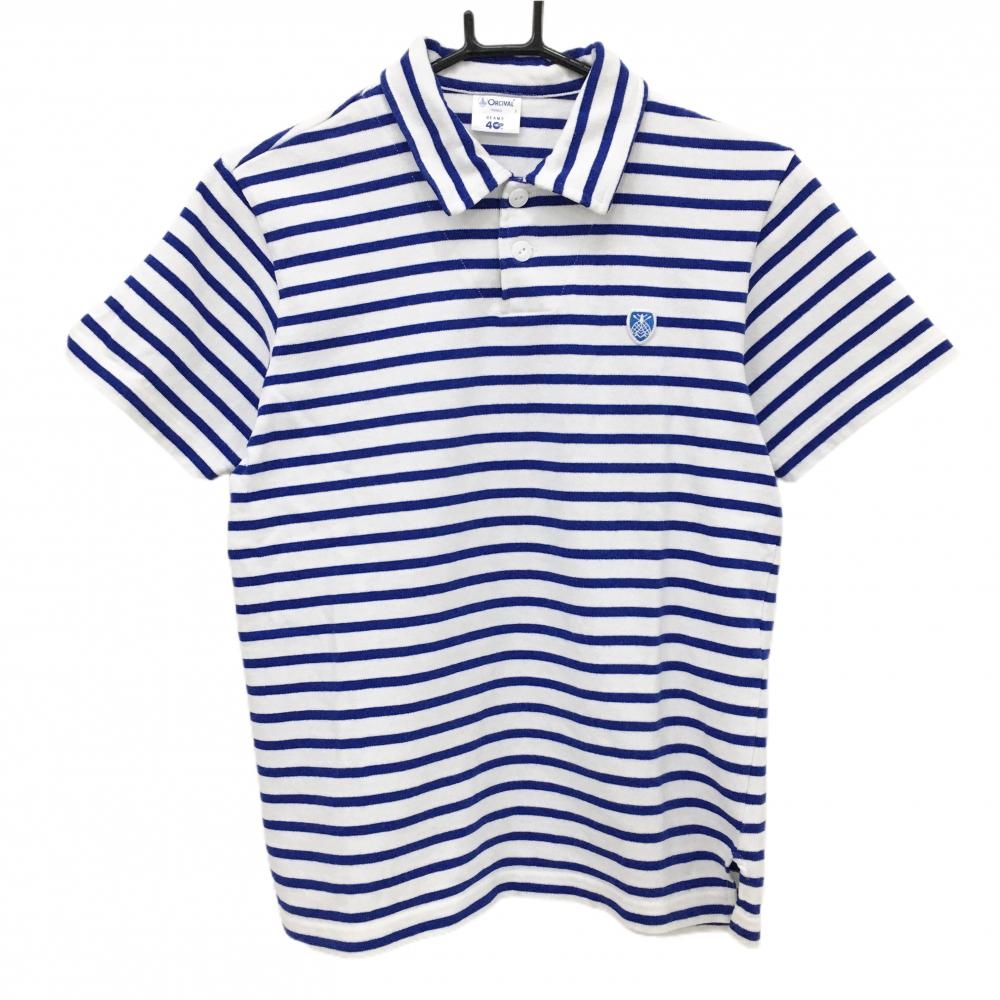 【超美品】ビームス×オーシバル 半袖ポロシャツ 白×ブルー ボーダー ワッペン メンズ 3 ゴルフウェア BEAMS GOLF