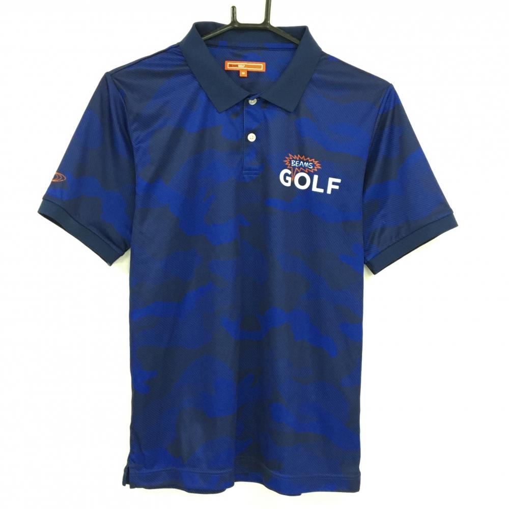 【美品】ビームスゴルフ 半袖ポロシャツ ネイビー カモフラ 迷彩 メンズ M ゴルフウェア BEAMS GOLF
