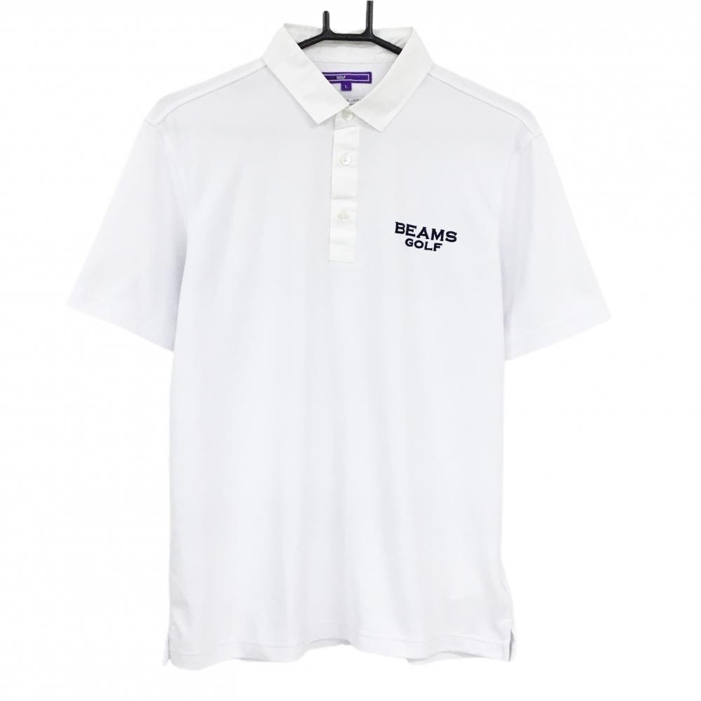 【美品】ビームスゴルフ 半袖ポロシャツ 白 襟異素材 ロゴ刺しゅう メンズ L ゴルフウェア BEAMS GOLF