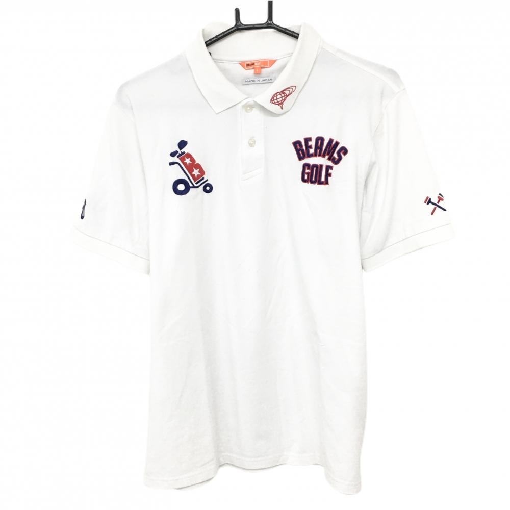 ビームスゴルフ 半袖ポロシャツ 白×ネイビー×レッド ロゴ刺しゅう メンズ L ゴルフウェア BEAMS GOLF