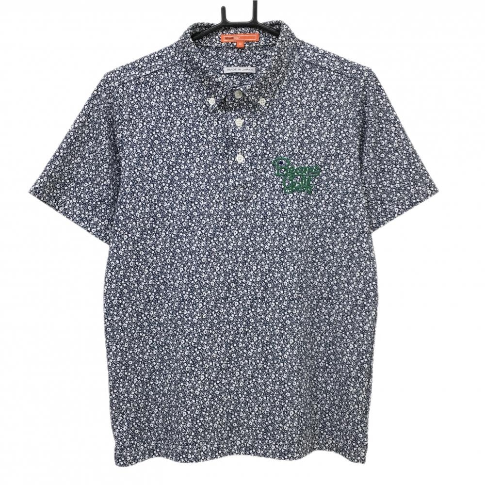 ビームスゴルフ 半袖ポロシャツ ネイビー×白 花柄 ボタンダウン メンズ M ゴルフウェア BEAMS GOLF