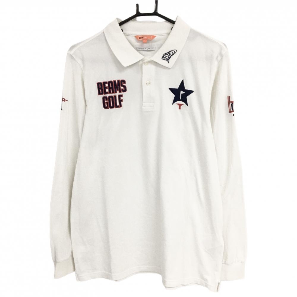 【美品】ビームスゴルフ 長袖ポロシャツ 白×ネイビー 星・ロゴ刺しゅう メンズ L ゴルフウェア BEAMS GOLF